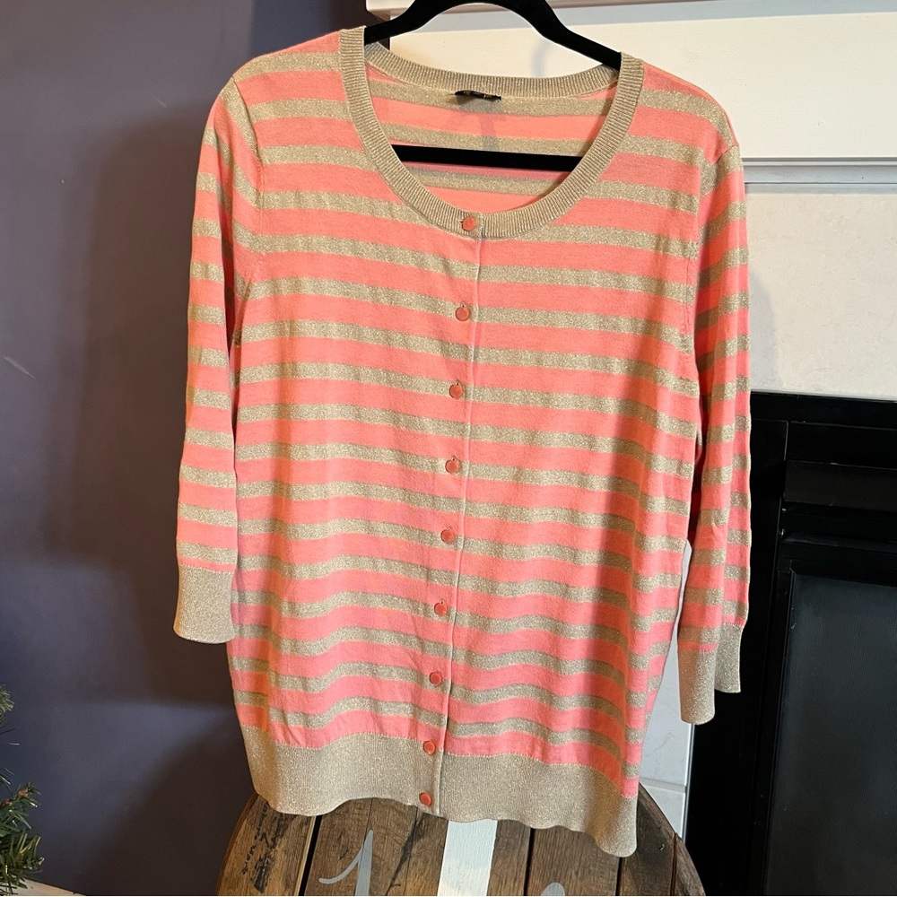 Talbots Cardigan Sparkly Gold Pink Stripe Buttons Cotton Rayon Nylon 1X NWOT